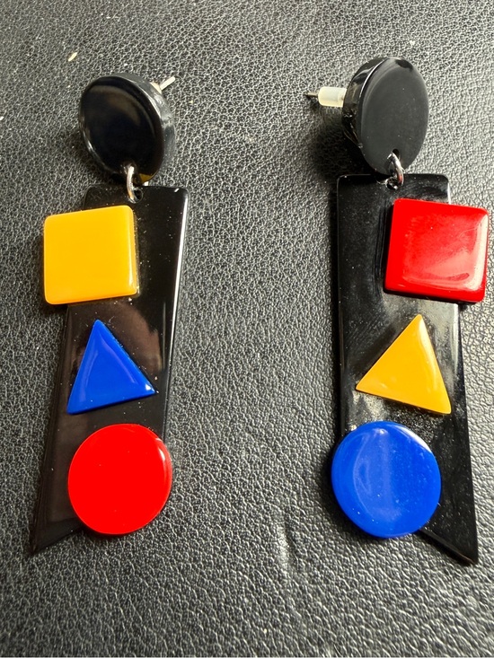 Vintage Jewelry - SOLD Vintage 80s 90s Acylic Geometric Color Block Dangle Earrings 2 3/8" Pierced
